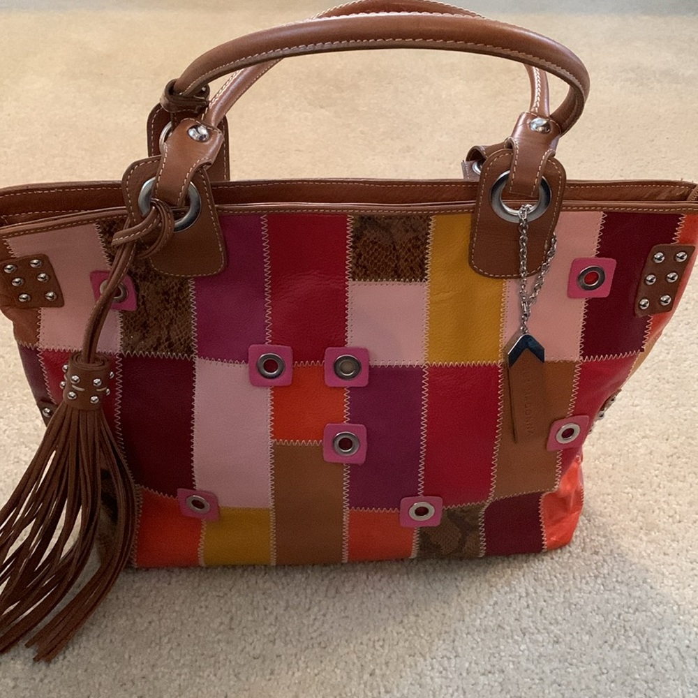 Aqua Madonna Patchwork Zig Zag Stitch Pink & Purple Leather Tote/Shoulder Bag
